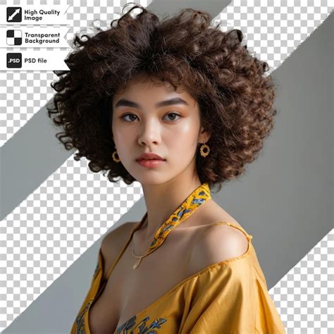 A woman with curly hair and a yellow top with a black and white logo on ...