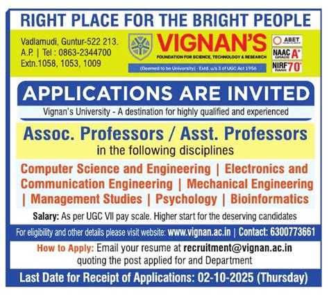 Vignan's Bioinformatics Associate/Assistant Professors Job Openings