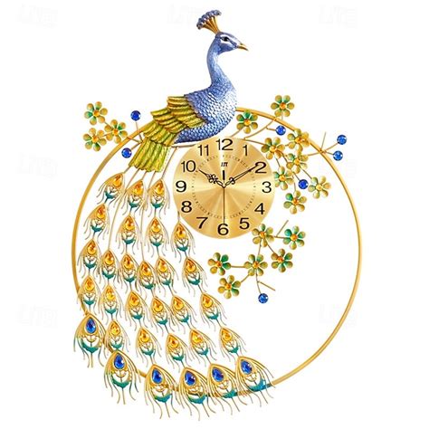 Grande horloge murale paon pour décoration de salon en métal sans tic ...