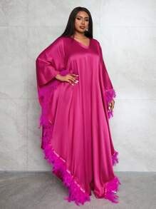 Slaydiva Plus Size Luxurious Loose V-Neck Frayed Edge Side Slit Wine ...