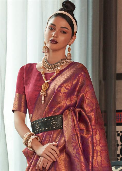 Hibiscus Maroon Red Two Tone Handloom Weaving Banarasi Silk