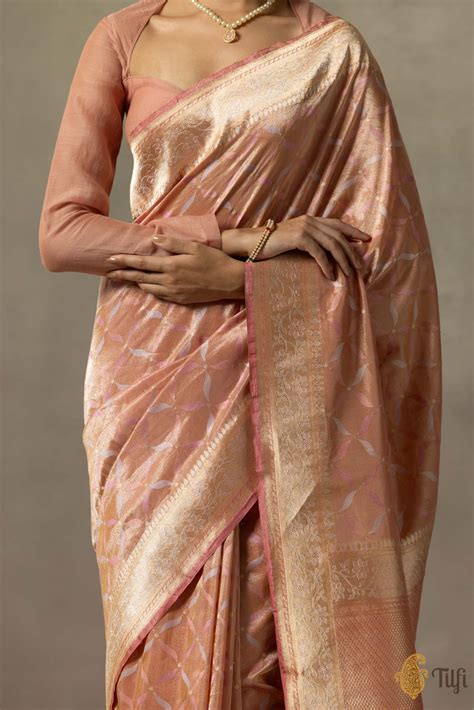 Aurumi' Peach-Gold Pure Katan Silk Tissue Banarasi Handloom Saree - Tilfi