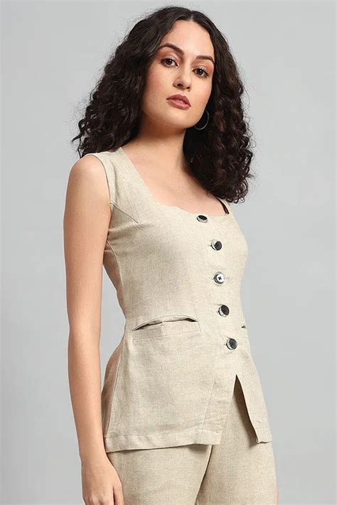 Square Neck Linen Vest, Beige – Charcoal Threads