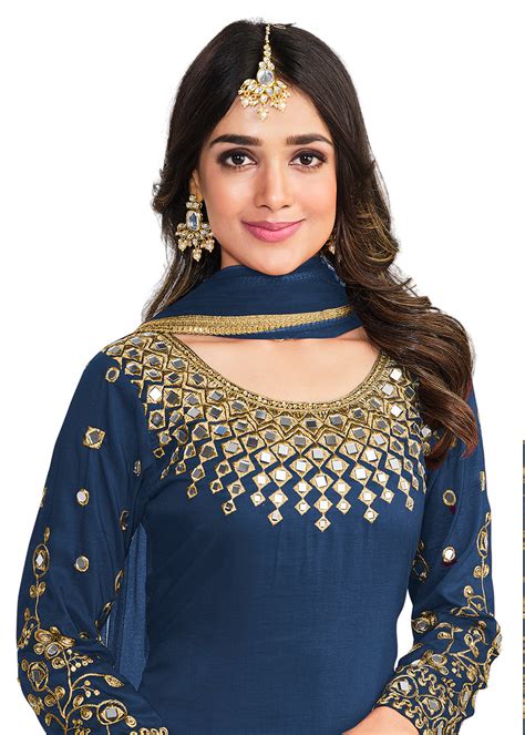 Buy Patiala Salwar Suit - Punjabi Style Blue Silk Mirror Work Suit ...