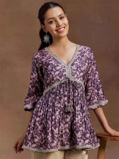 Buy Purple Printed Silk Blend A-line Kurti Online at $40.00 USD | ShopLibas