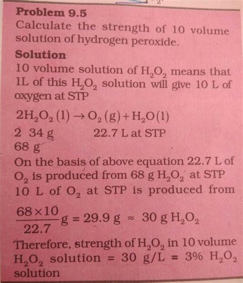 A commercial sample of hydrogen peroxide is labelled as 10 volumes.Its ...