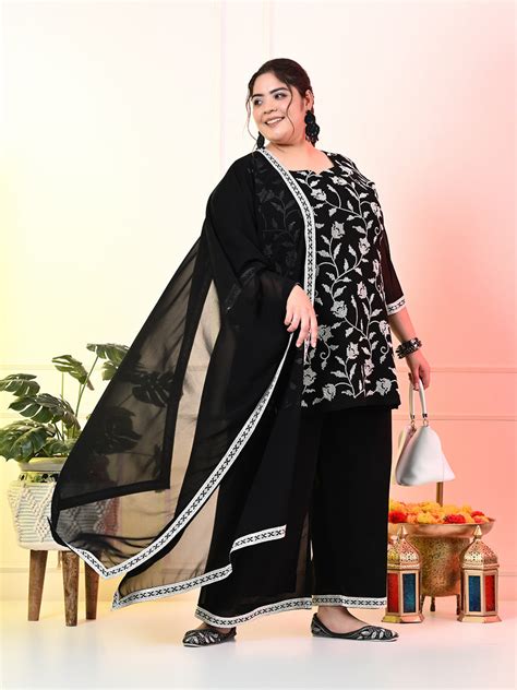 Plus Size Black Sequin Embroidered Kurta Set with Dupatta – DESINOOR.COM