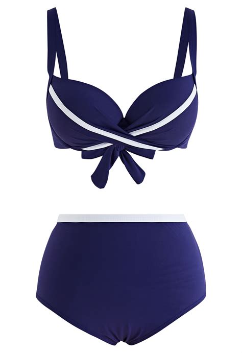 Contrast Stripe Navy blue Bikini Set - Retro, Indie and Unique Fashion