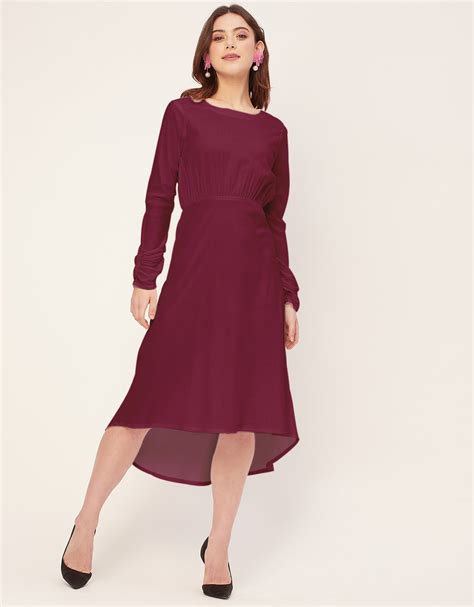 Solid Rayon Long Sleeve Fit & Flare Dress - Moomaya