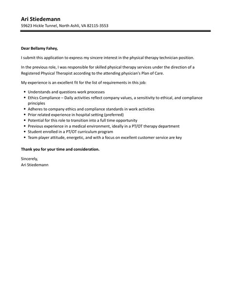 Physical Therapy Technician Cover Letter | Velvet Jobs