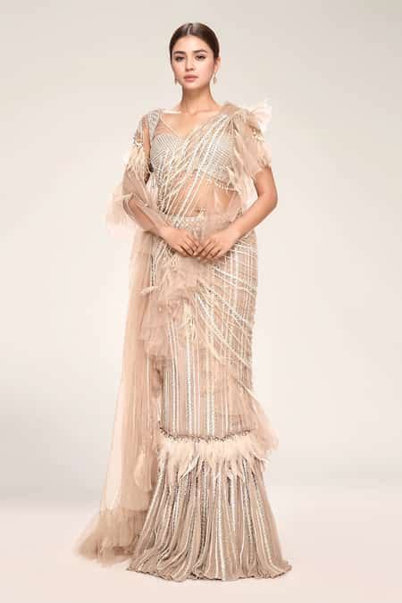 Buy Beige Georgette Tassels, Embroidery V-neck Pre-draped Ruffle Saree ...