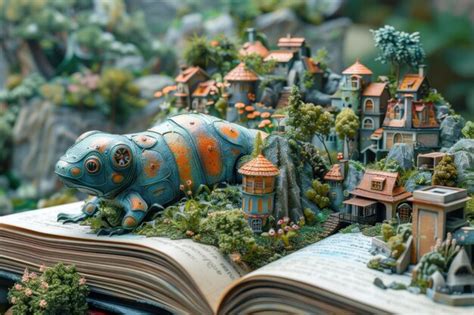 A miniature village on an open book with a mechanical frog | Premium AI ...