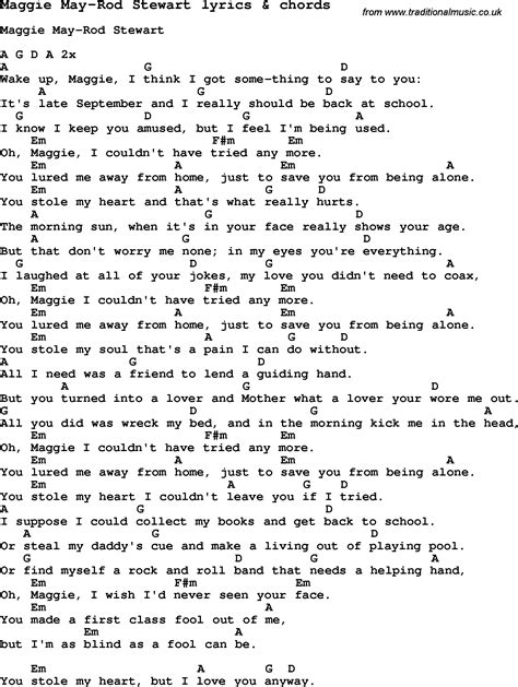 Love Song Lyrics for:Maggie May-Rod Stewart with chords.