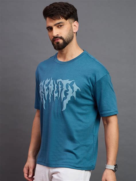 Men Printed Oversized Round Neck Drop Shoulder T-shirt Blue | Reprise India