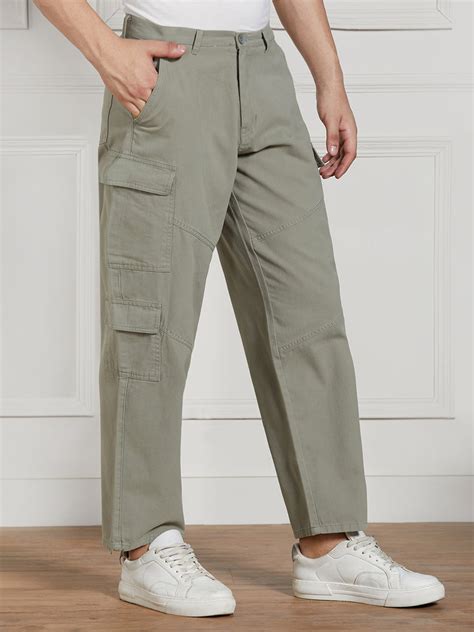 Men's Sage Green Cotton Lycra Solid Stretchable Relaxed fit Cargo Trou ...