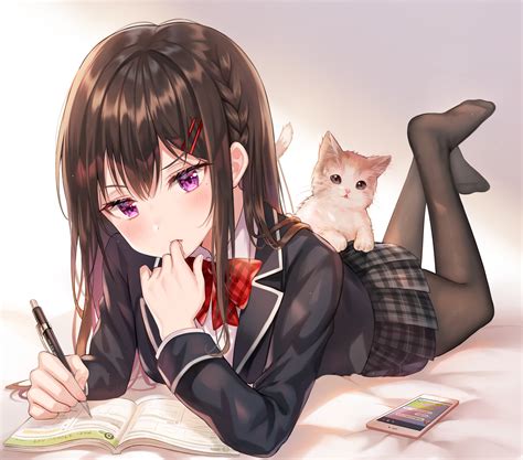 artwork, school uniform, purple eyes, digital art, Tokkyu (artista ...