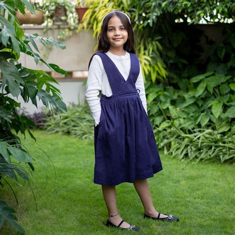 Buy Girls - Navy Blue Cotton Flax Pinafore Midi Wrap Dress Online at ...