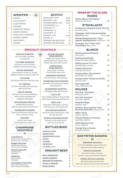 Bar Frites Greenvale Menu