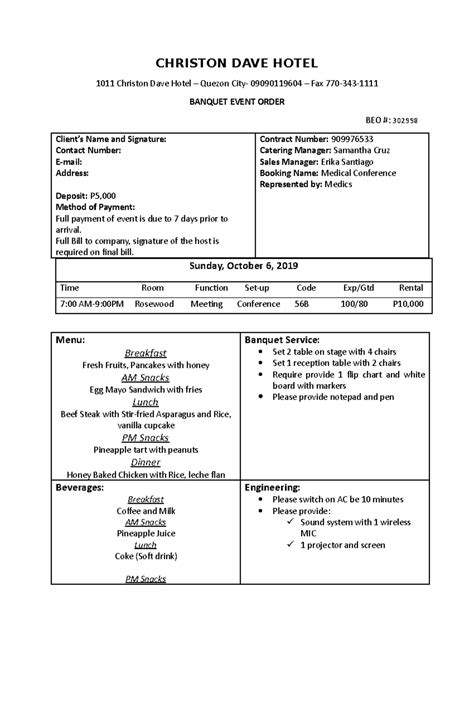 Banquet Event Order - Hospitality Management - Studocu