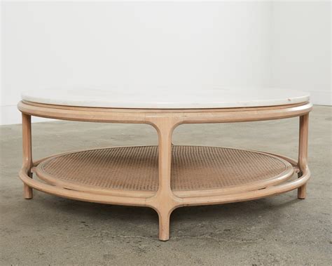 Midcentury McGuire Style Round Marble Top Caned Cocktail Table For Sale ...
