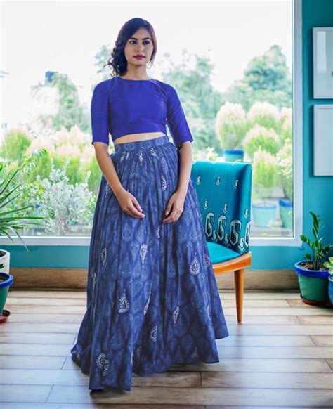 Blue Hand Block Printed & Hand Embroidered Cotton Lehenga Set - Mogra ...