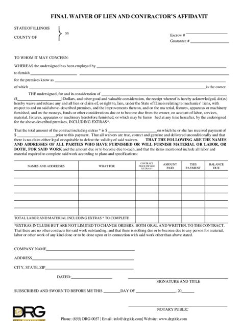 Final Waiver of Lien and Contractor’s Affidavit - Blank Fillable ...