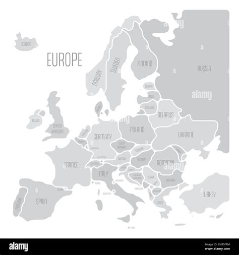 Simplified map of Europe. Rounded shapes of states with smoothed border. Grey simple flat vector ...