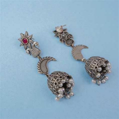 Red stone studded Antique polish Brass Danglers – Sanseeta