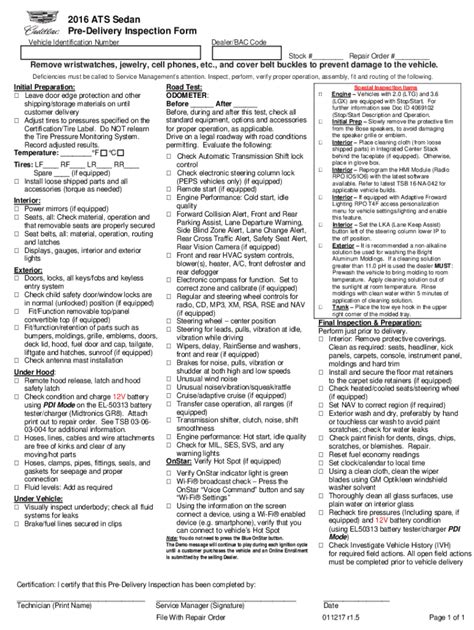 Fillable Online 2016 ATS-V Sedan Pre-Delivery Inspection Form Fax Email ...
