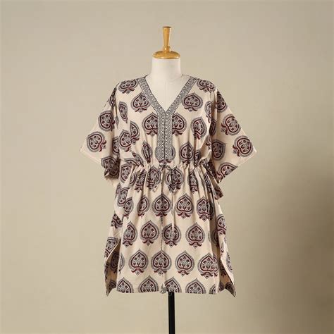 Beige Block Print Cotton Bagh Kaftan with Tie-Up Waist (Medium)