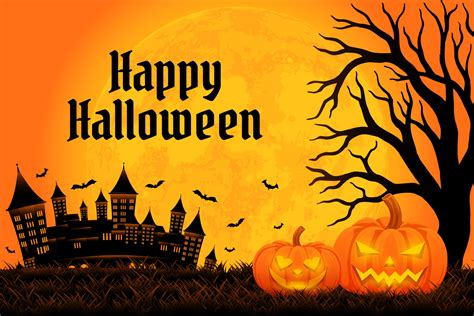 Halloween background template with castle, tree, pumpkin and moon ...