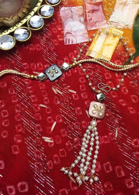 Get MOP and Kundan Rakhi and Lumba - Sister Rakhi - Combo (Blue, Peach ...