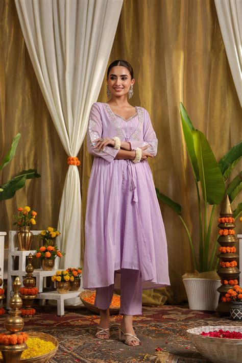 Shop Lavender Mulmul Gota Work Kurta Pant And Shrug Set- Elegant Ethnic ...