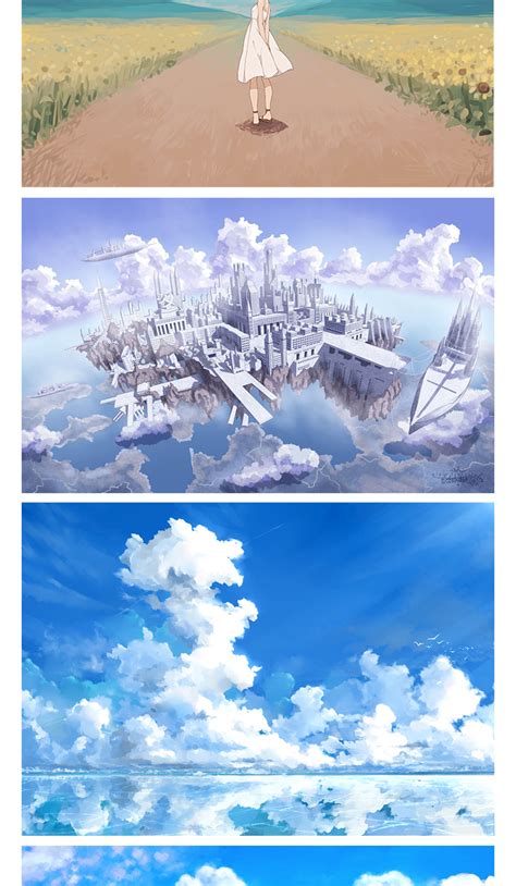 日系动漫手绘唯美天空星空云朵场景背景图片插画临摹设计JPG素材-设计