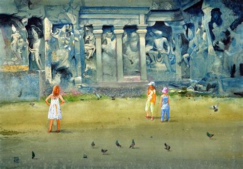 "Naga Couple": Yellow Green Watercolor Painting by Raju More – ArtZolo.com