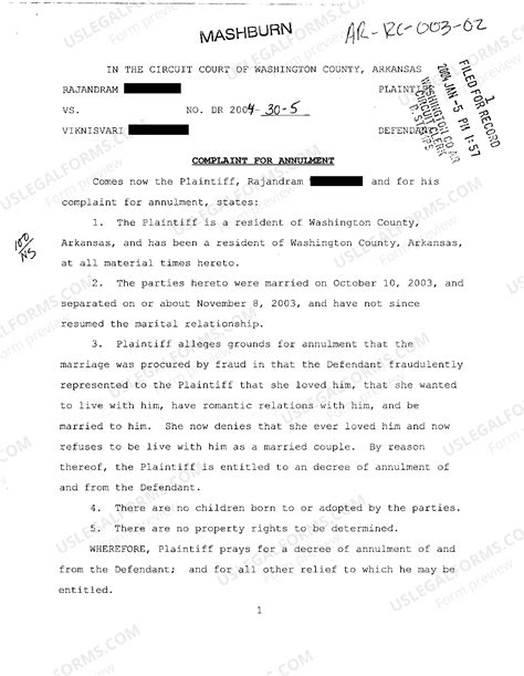 Arkansas Complaint For Annulment | US Legal Forms
