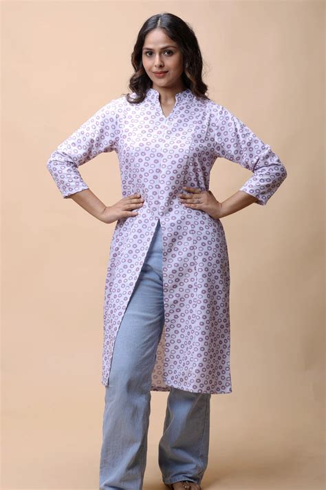 Buy Purple Printed Front Slit Long Kurta For Women online – All There