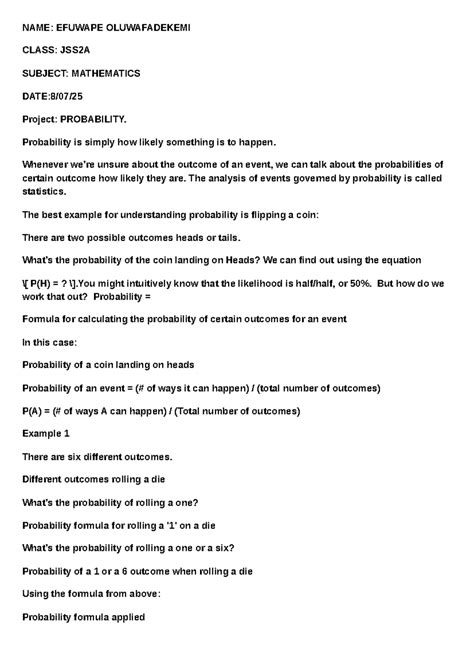 JSS2A Mathematics Project: Understanding Probability Concepts - Studocu
