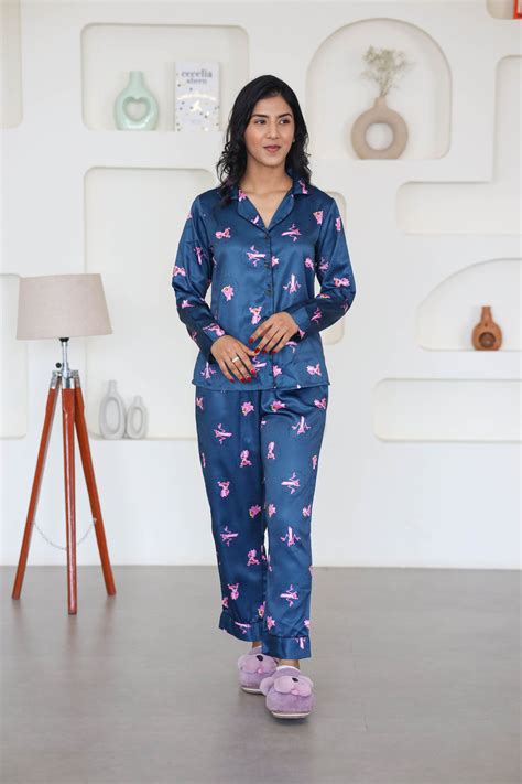 Teal Blue Pink Panther Silk Satin Night Suit - Best Nightwear – Smarty ...