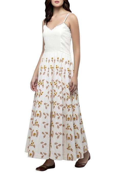 Buy Off White Dobby Cotton V Neck Embroidered Maxi Dress For Women by S ...