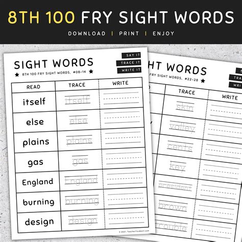 9th 100 Fry Sight Words: Fry's Ninth 100 Sight Words Worksheets, [SET 1 ...
