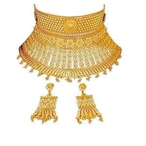 Buy MANIKYA 24 CT GOLD PLATED COPPER BRIDAL CHOKER SET WITH EARINGS FOR ...
