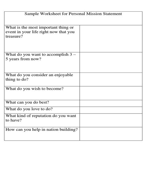 Sample Worksheet For Personal Mission Statement | PDF