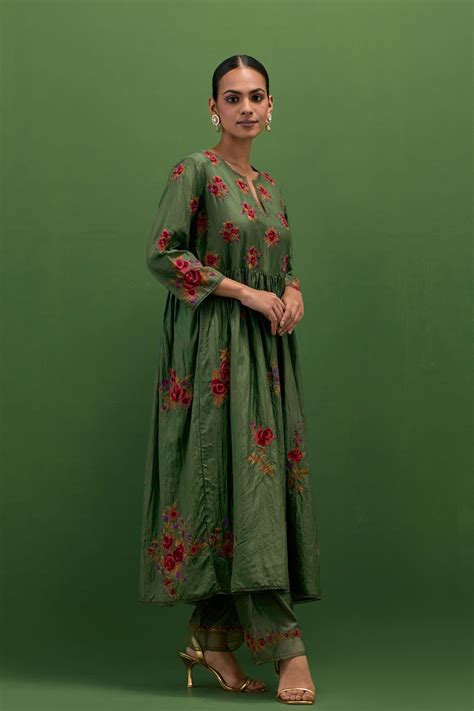 Kora - Brunswick Green Floral Kurta Set - Elahe