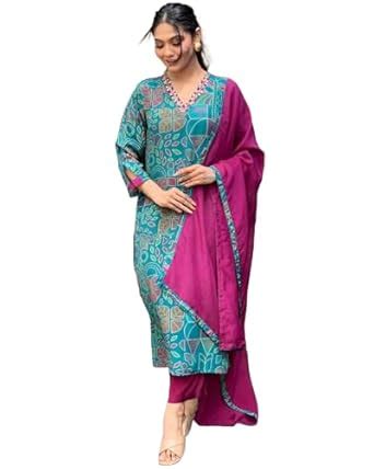 Buy GoSriKi Women's Cotton Blend Straight Printed Kurta with Pant ...