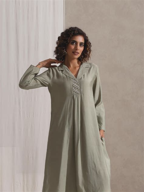 Women's Sage Kurta and Pyjama with Pearl Embroidery 2 Piece Set | Stra