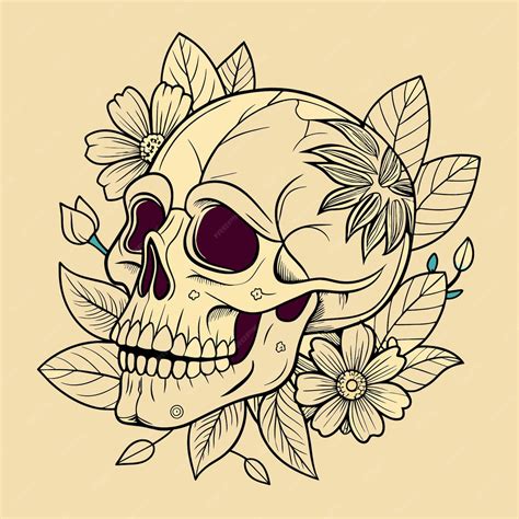 Premium Vector | A skull with flowers and leaves on it is drawn in a ...