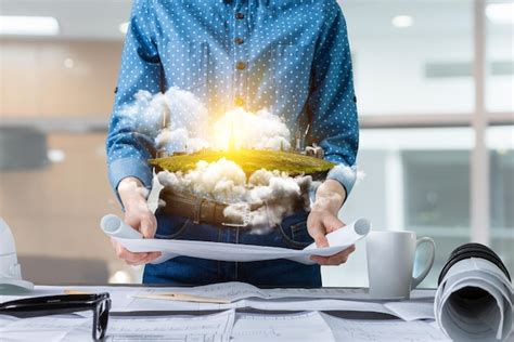 Real estate concept with floating cityscape. mixed media | Premium Photo