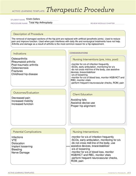 Total Hip Arthroplasty Therapeutic Procedure Template
