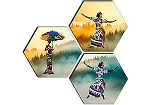 SAF paintings Set of 3 Hexagon Modern Art Dancing MDF Board UV Textured ...